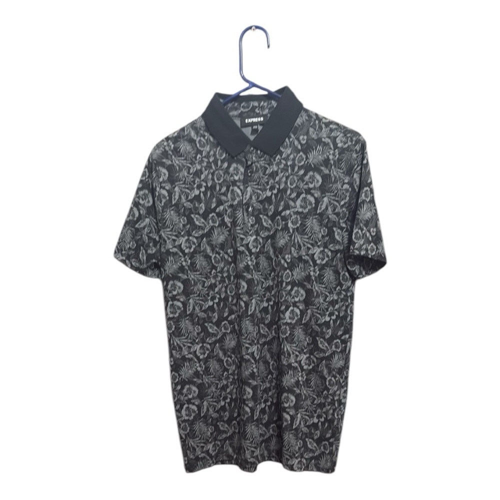 Express Performance Printed Polo Shirt Short Sleeve Black Floral Men's Shirt